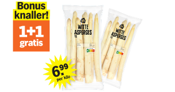 Bonusknaller aanbieding: AH witte asperges 1+1 gratis voor €6,99 per kilo.