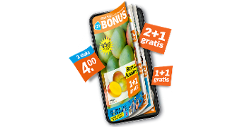Albert Heijn Bonusfolder met aanbiedingen zoals 2+1 gratis, 1+1 gratis en 2 stuks voor 4 euro, zichtbaar op de omslag met mango's en kortingsprijzen