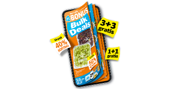 AH Bonus Bulk Deals promotie met aanbiedingen zoals 40% korting op 16-pack, 50% korting op druiven, 3+3 gratis en 1+1 gratis