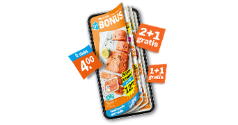 Albert Heijn Bonusfolder op een smartphone met aanbiedingen zoals 2+1 gratis, 1+1 gratis en 2 stuks voor 4 euro