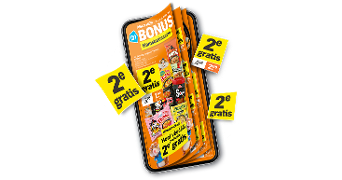 een telefoon met allemaal bonus die eruit vliegt met de Albert Heijn Bonusfolder op het scherm