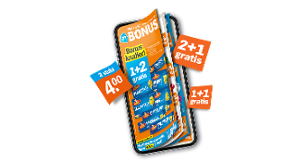 Albert Heijn Bonusfolder met aanbiedingen zoals 2+1 gratis, 1+1 gratis en 2 stuks voor 4 euro