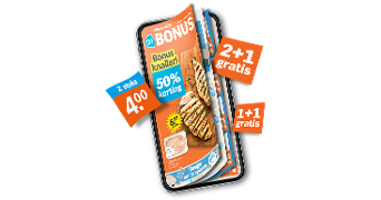 Een stapel Albert Heijn Bonusfolders met opvallende kortingslabels, zoals “2 stuks 4,00”, “50% korting”, “2+1 gratis” en “1+1 gratis”.
