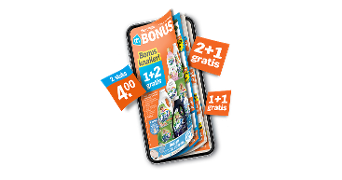 Afbeelding van een Albert Heijn Bonusfolder op een mobiele telefoon, met diverse promoties zoals “1+2 gratis”, “2+1 gratis”, “2 stuks 4,00” en “1+1 gratis” op huishoudelijke schoonmaakproducten.