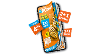 Albert Heijn Bonusfolder met aanbiedingen zoals 1+1 gratis, 2+1 gratis en 2 stuks voor 4 euro, met gegrilde kipfilet op de voorpagina