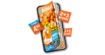 Smartphone met Albert Heijn Bonusfolder, aanbiedingen zoals 2+1 gratis, 1+1 gratis, 2 stuks voor 4 euro en 60% korting zichtbaar