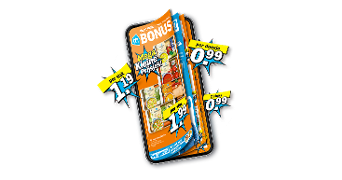Albert Heijn BONUS folder afgebeeld op een smartphone met opvallende aanbiedingen en geel-blauwe prijsstickers