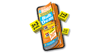 Afbeelding van de Albert Heijn Bonusfolder op een smartphone met aanbiedingen zoals bulk deals, 2+3 gratis, 1+2 gratis en 1+1 gratis.