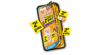Smartphone met Albert Heijn Bonusfolder waarin meerdere aanbiedingen te zien zijn, waaronder '2e gratis' acties op diverse producten.