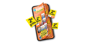 Digitale Albert Heijn Bonusfolder op een smartphone met opvallende gele labels met '2e gratis' aanbiedingen