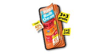Afbeelding van Albert Heijn Bonus Bulk Deals promotie op frisdranken, met aanbiedingen zoals "3+3 gratis", "1+1 gratis" en "40% korting op 15-pack", en zichtbare merken als Coca-Cola en Fanta.