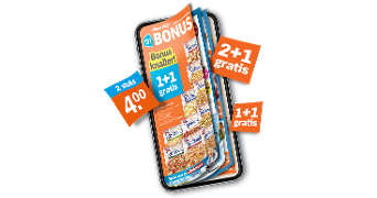 Afbeelding van een Albert Heijn Bonusfolder met verschillende aanbiedingen, waaronder 1+1 gratis en 2+1 gratis acties.