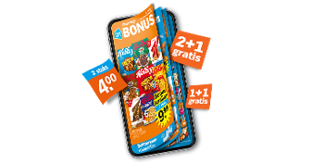 Digitale Albert Heijn Bonusfolder met aanbiedingen zoals 2+1 gratis, 1+1 gratis en 2 stuks voor 4 euro, zichtbaar op een smartphone