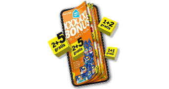 Afbeelding van een mobiele telefoon waarop een digitale Albert Heijn folders staat met XXL BONUS-aanbiedingen zoals 2+5 gratis, 1+2 gratis en 1+1 gratis.