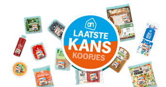Promotieafbeelding met Albert Heijn producten rondom een cirkel met de tekst 'Laatste Kans Koopjes'