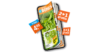 Albert Heijn Bonusfolder met promoties zoals 2+1 gratis, 1+1 gratis en 2 stuks voor 4 euro, afgebeeld op een smartphone