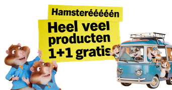 Promotieafbeelding van Albert Heijn met hamsters, een blauw busje en gele tekst: 'Hamstereeeeeen Heel veel producten 1+1 gratis'