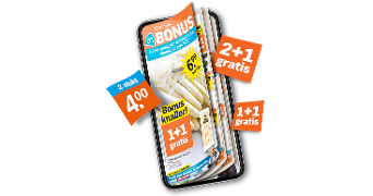 Mobiele telefoon met Albert Heijn Bonusfolder, waarop diverse aanbiedingen zichtbaar zijn, zoals 2 stuks voor 4 euro, 2+1 gratis en 1+1 gratis.