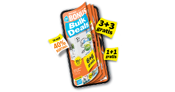 Afbeelding van een mobiele telefoon met de Albert Heijn Bonus folder op het scherm, waarop verschillende Bulk Deals en acties zichtbaar zijn, zoals "3+3 gratis", "1+1 gratis", "6+6 gratis" en "40% korting".