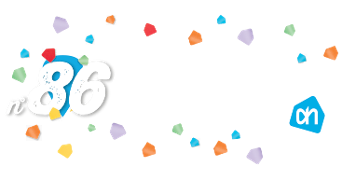 Promotie afbeelding met tekst 'Albert Heijn XL in Brugge n°86' en kleurrijke confetti op een zwarte achtergrond