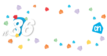 nummer 86 winkelopening brugge op blauwe ah achtergrond en confetti