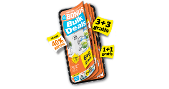Digitale folder van Albert Heijn met BONUS Bulk Deals promoties, zoals 3+3 gratis, 1+1 gratis, 6+6 gratis en 40% korting op geselecteerde producten.