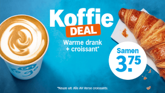 Koffiedeal bij Albert Heijn: warme drank en vers croissant voor €3,75, met afbeelding van cappuccino en croissant op blauwe achtergrond.