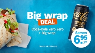 Big wrap deal met een blikje Coca-Cola Zero Zero en een grote wrap op een blauwe achtergrond, met een prijs van samen €6,95.