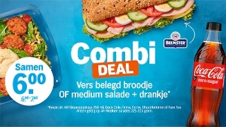 Combi deal bij Albert Heijn: vers belegd broodje van Beemster, of een medium salade met een flesje Coca-Cola Zero Sugar, samen voor €6,00.
