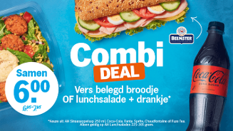 Combi deal bij Albert Heijn met een vers belegd broodje of lunchsalade en een flesje Coca-Cola Zero Sugar voor samen 6 euro, afgebeeld naast het Beemster-logo.