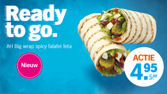 AH Big wrap spicy falafel feta, uitgelicht als nieuw product met een actieprijs van €4,95, op een blauwe achtergrond met de tekst "Ready to go".
