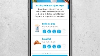 Afbeelding van de AH to go-app met promotie voor gratis producten via de Bonuskaart, inclusief opties voor koffie en thee, en croissants.
