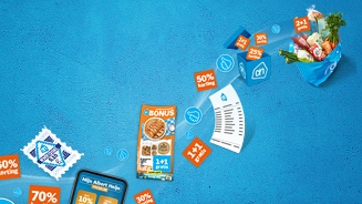 Illustratie van Albert Heijn kortingsacties, zoals Bonusaanbiedingen en kortingen, met een boodschappentas gevuld met producten.