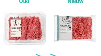 Vernieuwing van de verpakking voor Albert Heijn rundergehakt. Links de oude plastic verpakking, rechts de nieuwe, duurzamere verpakking.