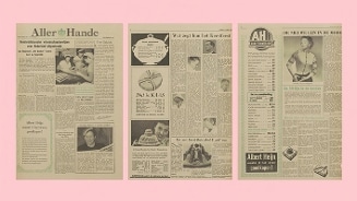 Oude Allerhande krantenpagina's met diverse artikelen en advertenties, waaronder een reclame voor Albert Heijn.