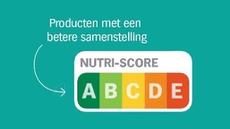 Nutri-Score label met classificaties A tot E en tekst "Producten met een betere samenstelling".