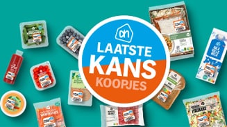 Promotiebeeld met diverse Albert Heijn producten rondom een cirkel met de tekst "Laatste Kans Koopjes" op een blauwe achtergrond.