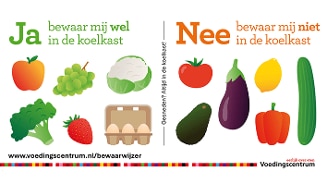 Bewaartips voor voedingsmiddelen: links producten die in de koelkast moeten (appel, druiven, bloemkool, broccoli, aardbei, eieren); rechts producten die buiten de koelkast bewaard moeten worden (tomaat, aubergine, banaan, paprika, komkommer). Representatie van Voedingscentrum.