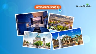 Collage van Europese steden, een treincompartiment en de tekst 'ahvoordeelshop.nl' met GreenCityTrip logo op blauwe achtergrond