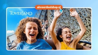 Toverland attractiepark met mensen op een achtbaan, logo van ahvoordeelshop.nl zichtbaar.