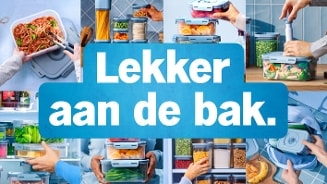 Promotiebeeld met de tekst "Lekker aan de bak", omringd door afbeeldingen van voedselopslag in dozen en vers voedsel.