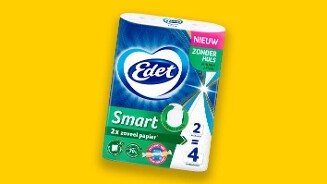 Pak Edet Smart toiletpapier zonder huls, twee rollen verpakt, op een gele achtergrond.