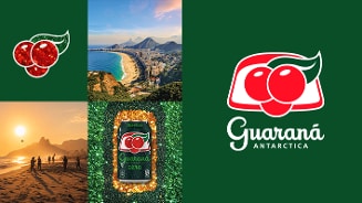 Collage met Guaraná Antarctica logo, guaranábessen illustratie, een blikje Guaraná Antarctica Zero, en foto's van een Braziliaans strand en kustplaats.