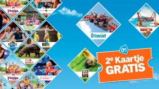 Actieposter met AH-voordeel op dagjes uit: afbeeldingen van populaire pretparken en dierentuinen zoals Plopsa, Avonturenboerderij Molenwaard, Zoo Antwerpen, Drievliet, Hellendoorn, Avifauna, Madurodam en Apenheul, met prominente oranje tekst “2e Kaartje GRATIS”.
