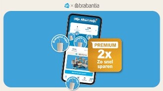 Afbeelding van een spaaractie bij Albert Heijn in samenwerking met Brabantia, waarbij op een smartphone wordt getoond dat met een Premium stempelkaart je twee keer zo snel kunt sparen voor Brabantia producten.