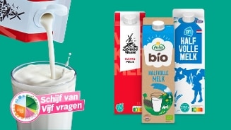 Drie pakken melk van verschillende merken, waaronder De Zaanse Hoeve karnemelk, Arla Bio halfvolle melk en AH halfvolle melk, naast een glas melk dat wordt ingeschonken; linksonder staat een Schijf van Vijf vragen badge.