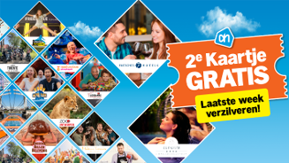 Promotieafbeelding van de Albert Heijn 2e Kaartje Gratis actie met diverse attracties en uitjes, onder andere Fletcher Hotels, Aqua Zoo, Zoo Antwerpen en Elysium, en een grote oranje kortingsvoucher met de tekst 'Laatste week verzilveren!'