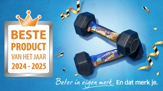 Beste Product van het Jaar 2024-2025 met AH Proteïnerepen en dumbbells op een blauwe achtergrond.