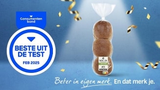 Consumentenbond "Beste uit de Test" voor AH Volkonenbollen in februari 2025, met slogan "Beter in eigen merk. En dat merk je."