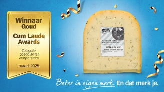 Cum Laude Awards winnaar goud voor Hendrika & Sietske kaasmakerij, categorie specialiteiten voorjaarskaas, met Streekgenoten kruidenkaas.